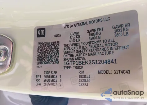 2025 GMC Canyon 2Wd Elevation из США, поврежденный, VIN 1GTP1BEK3S1204841